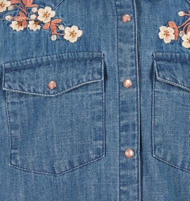 Girls' blue floral embroidered denim shirt dress